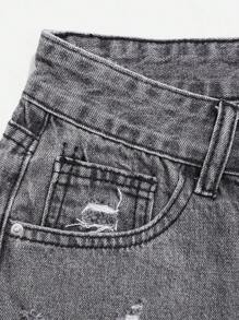 Women's Casual Denim Shorts With Pocket, Distressed And Curled Hem Design - Grey - View 4