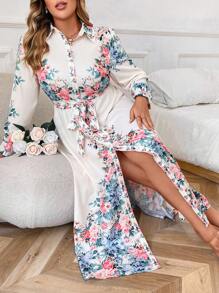 Celure Plus Size Floral Printed Belted Casual Loose Long Sleeve Dress Maxi Women Outfit Fall Cloth For Women