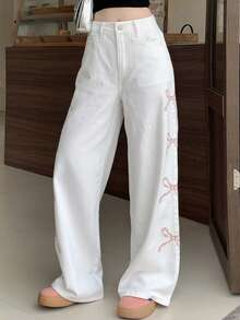 DAZY Bow Pattern Zipper Fly Jeans - White - View 6