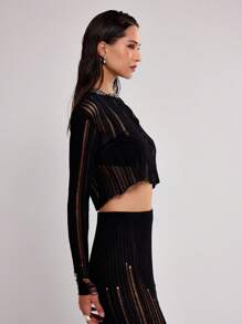 MUSERA Laddered Knit Long Sleeve Top - Black - View 3