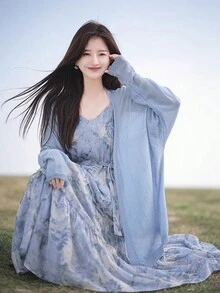 RUIWY 宽松 V 领轻质女式开衫，设计简约百搭，长袖 - 藍色 - 查看 5