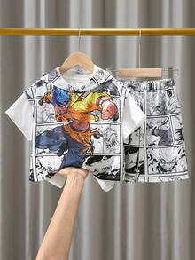 3入組男孩休閒塗鴉印花短袖圓領T恤和短褲套裝，適用於日常穿著、學校、旅行、運動、春夏兩季，舒適的街頭時尚 - 彩色 - 查看 2