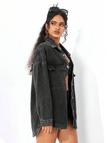 SHEIN EZwear Manteau en jean à épaules basses et poches à rabat unicolore - Gris - Voir 5