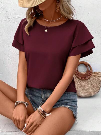 Balvessa Solid Raglan Sleeve Casual Blouse For Dailywear,Short Sleeve Tops