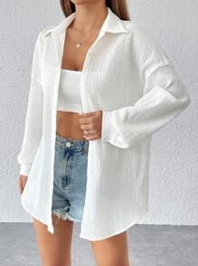 SHEIN PETITE Shirts White Casual Drop Shoulder Button Front Beach Shirt - White - View 7