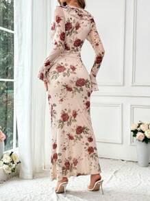 Firerie Women's Romantic Floral Printed Long Sleeve Dress, With Ruffle Hem,Long Flared Sleeve Dress,Fishtail Hem Long Dress,Fall Dresses,Homecoming Dresses,Boho Dress,Elegant Dress For Daily, Commuting, Holiday, Party, Dating