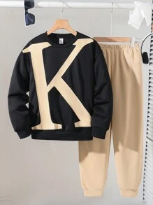 Set de 2 piezas de sudadera con estampado de letra y pantalón de chándal informal deportivo para niño preadolescente