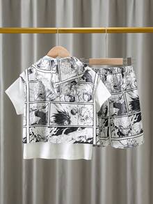 3入組男孩休閒塗鴉印花短袖圓領T恤和短褲套裝，適用於日常穿著、學校、旅行、運動、春夏兩季，舒適的街頭時尚 - 彩色 - 查看 5