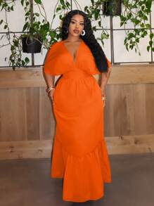 Slaydiva 大尺碼優雅性感派對和度假V領露肩束腰A字搖擺連衣裙，裙擺有荷葉邊飾，紅色夏日小裙裝-S - 橘色 - 查看 4