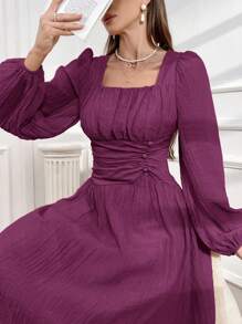 Modelyn 女士褶裥方领主教袖宽松舒适柔和优雅朴素阿拉伯连衣裙，长袖 - 中紫紅色 - 查看 2