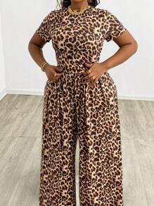 SHEIN SXY 大码女式豹纹短款 T 恤和阔腿裤 2 件套，适合所有季节、约会之夜、生日、单身派对装、休闲、购物、街头装、外出，易于搭配且看起来修身，凸显身材 - 彩色 - 查看 11