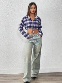 SHEIN Unity Plaid Print Drop Shoulder Drawstring Hem Crop Hooded Jacket - Multicolor - View 3