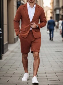 Calvornis Traje y pantalón corto de unicolor para hombre con cierre sencillo en la parte delantera, traje de moda para ir al trabajo - Naranja - Ver 1