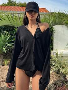 DAZY Women's Simple Solid Color Daily Long Sleeve Kimono Cover Up Summer Sheer Vacation Beach - Black - View 3