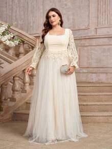 SHEIN Belle Vestido de novia elegante de manga larga y talla grande con encaje y malla de contraste - Beis - Ver 5