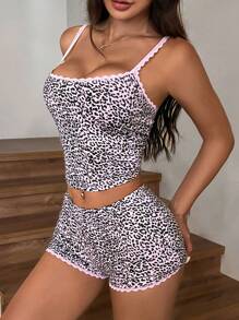 SHEIN EZwear Conjunto de top y shorts de estampado de leopardo con detalle de encaje y lazo para salir en verano