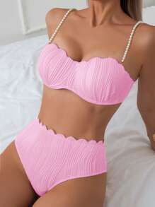 Women's Solid Color Simple Daily Bikini Set With Faux Pearl Decoration Summer Beach - Baby Pink - View 3
