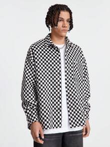 Manfinity VCAY Men's Loose Long Sleeve Plaid Shacket, Black And White Color Block Preppy Plaid Shacket