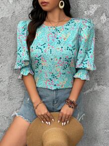 SHEIN LUNE Blusa de talla grande con cuello redondo, mangas con volantes y estampado floral - Multicolor - Ver 1