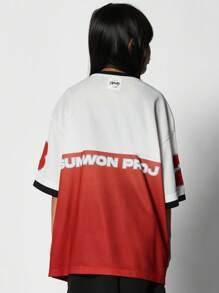 SUMWON Tween女生對比邊綁定超大尺寸T恤，全布魯克林印花 - 紅白色 - 查看 2