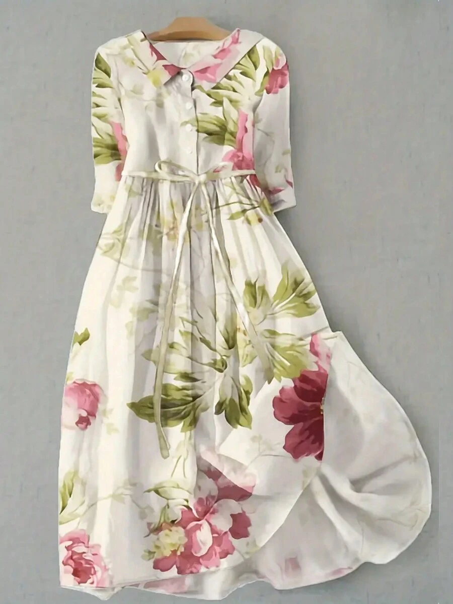 Random Print Simple Daily Wear Women Long Dress - Multicolor - View 1