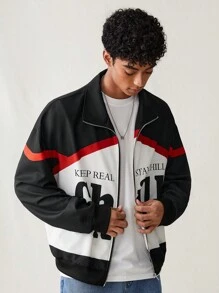 Manfinity VCAY Men's Woven Fashionable Casual Loose Fit Long Sleeve Zipper Front Jacket For Daily Wear