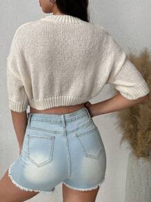 SHEIN Maternity Solid Color Stand Collar Short Sleeve Knitted Sweater