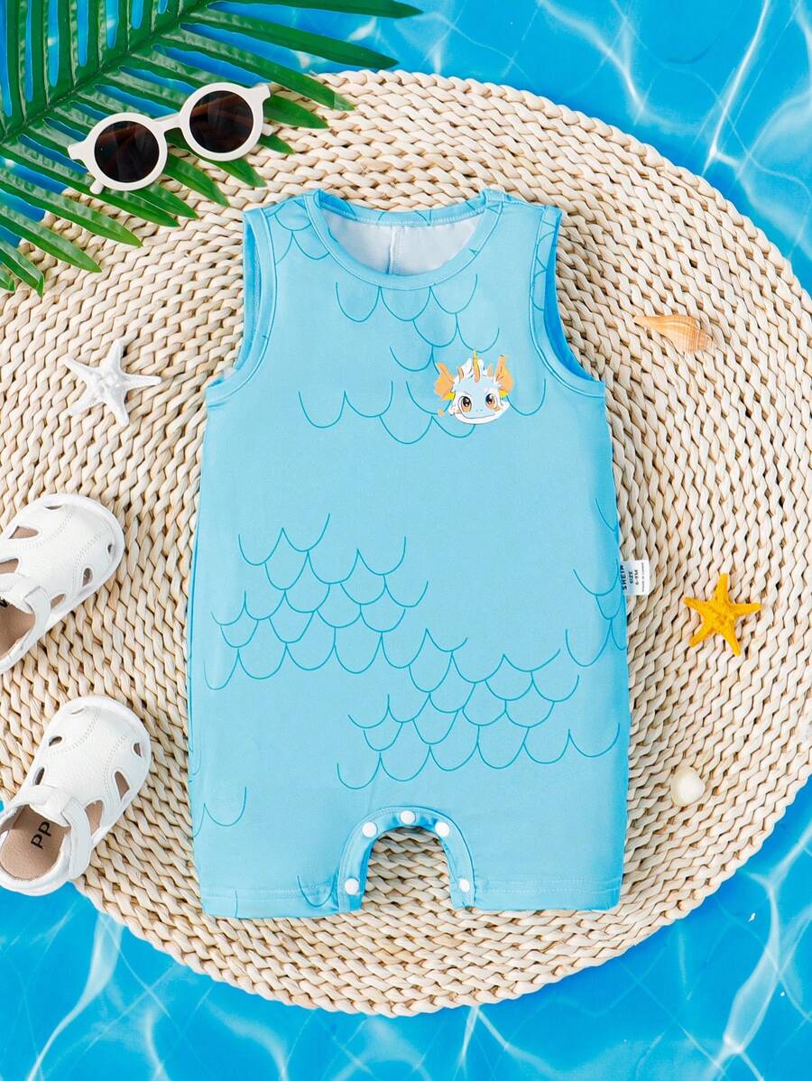 SHEIN Bộ áo liền quần khủng long không tay dễ thương mùa hè cho bé trai, bộ đồ bò siêu đáng yêu - Màu xanh lam - Xem 1