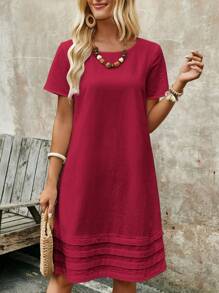 EMERY ROSE Women's Solid Color Simple Daily Short Sleeve Dress - Burgundy - View 7