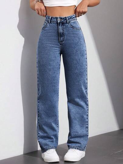 SHEIN EZwear Jeans rectos de talle alto estilo casual "mom" para uso diario