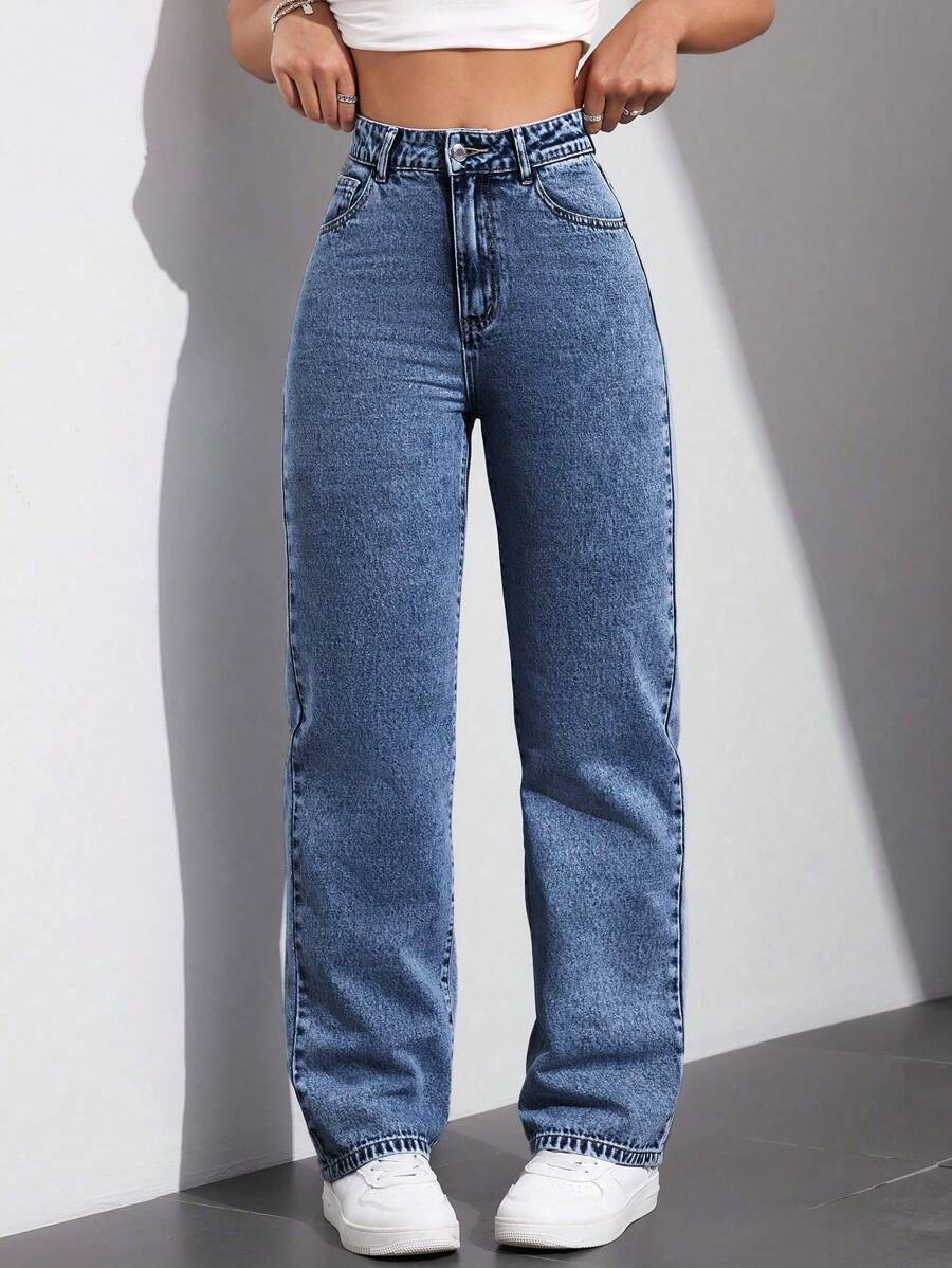 SHEIN EZwear 高腰休闲直筒妈妈牛仔裤，适合日常穿着 - 深色水洗藍 - 查看 1