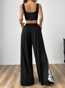 SHEIN EZwear 音樂節款式流蘇高開叉寬腿褲和無縫方領背心套裝 - 黑色 - 查看 3