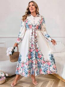 Celure Plus Size Floral Printed Belted Casual Loose Long Sleeve Dress Maxi Women Outfit Fall Cloth For Women