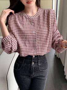 DAZY 格子纽扣衬衫，适合日常穿着，秋季服装格子长袖上衣 - 酒紅色 - 查看 4