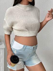 SHEIN Maternity Solid Color Stand Collar Short Sleeve Knitted Sweater