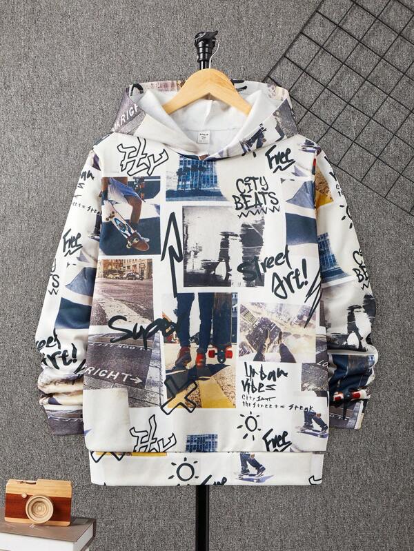 SHEIN Teen Boy Casual Loose Comfortable Hoodie With Letter Print Pattern, Versatile,In Fall/Winter