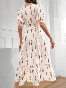 Modelyn Floral Print Square Neck Puff Sleeve Ruffle Hem Dress, Perfect For Beach/Casual/Vacation/Evening Or Any Other Formal Occasions