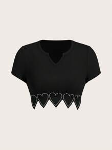 SHEIN ICON Plus Size Nữ Mùa Hè Bó Sát Áo Thun Tay Ngắn Có Đường Viền Cổ, Đường Viền Hình Trái Tim Trang Trí Bằng Kim Cương Giả - màu đen - Xem 1
