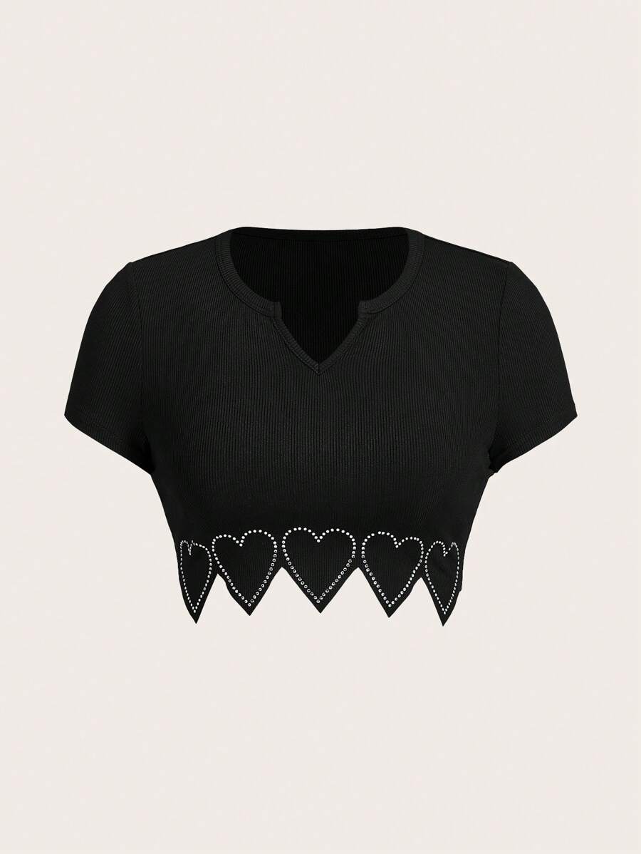 SHEIN ICON Plus Size Nữ Mùa Hè Bó Sát Áo Thun Tay Ngắn Có Đường Viền Cổ, Đường Viền Hình Trái Tim Trang Trí Bằng Kim Cương Giả - màu đen - Xem 1