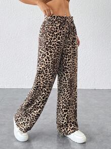 SHEIN PETITE Pantalones largos holgados de estampado de leopardo para mujer - Multicolor - Ver 5