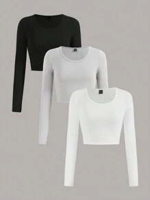 SHEIN EZwear 3pcs Basic Casual Round Neck Fleece Brushed Long Sleeve T-Shirt Crop Tops Set For Fall/Winter