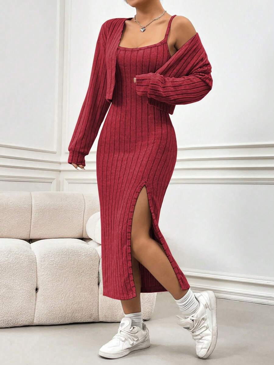 Flirla Casual And Simple Sleeveless Jumpsuit Set With A Shaggy Ribbed Texture For New Year Clothes - Red - View 1
