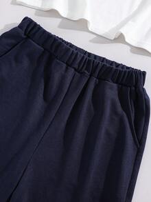 Ensemble pour garçons décontracté style coréen avec débardeur à capuche imprimé de lettres, shorts et t-shirt à col rond et à manches courtes. Tenue tricotée trois pièces pour enfants/tweens - bleu indigo - Voir 12