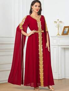 Long Sleeve V-Neck Tie-Beaded Lace Women's Arabian Kaftan Modest Dress - Red - View 4