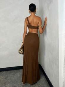 SHEIN BAE Ensemble 2 pièces de Top asymétrique d'épaule décontracté pour vacances/sortie et jupe fendue A-line pour femmes - Marron - Voir 2