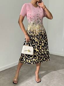 SHEIN LUNE Women's Pleated High Elasticity Printed Dress - Pink - View 6