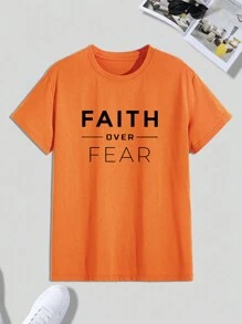 Manfinity Homme 男士加大码夏季常规信仰口号印花圆领短袖休闲 T 恤，适合外出