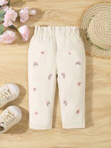Baby Girls' Paperbag Waist Rainbow Heart Embroidery Casual Vacation Countryside Khaki Jeans,Holiday,Summer,Travel - Apricot - View 1