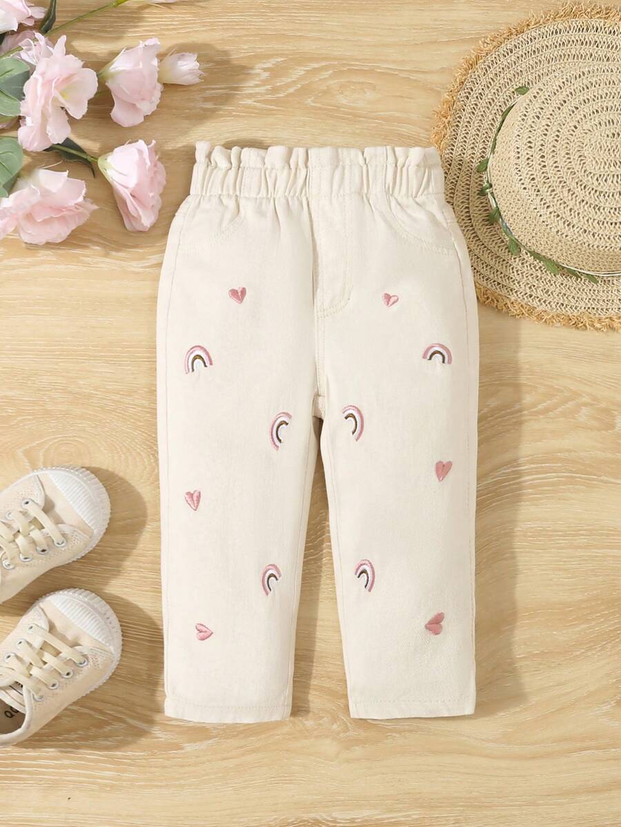 Baby Girls' Paperbag Waist Rainbow Heart Embroidery Casual Vacation Countryside Khaki Jeans,Holiday,Summer,Travel - Apricot - View 1