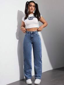 SHEIN EZwear 高腰休闲直筒妈妈牛仔裤，适合日常穿着 - 深色水洗藍 - 查看 6